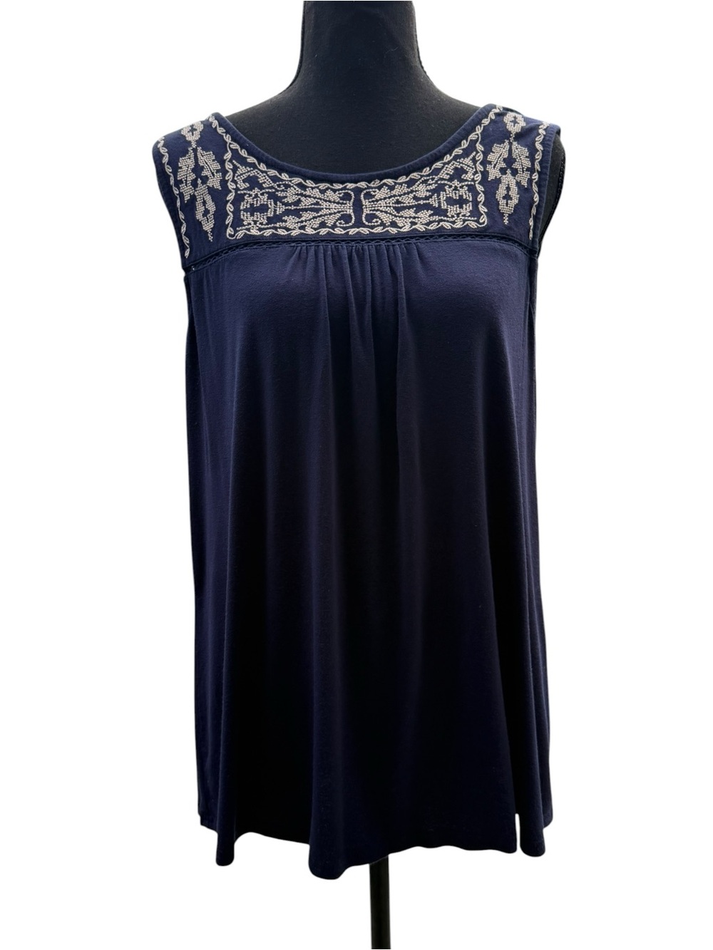 Skies Are Blue Navy Tank with Cream Embroidered Yoke Detail